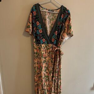 Zesica Boho Floral Wrap Dress Size 2X V-Neck Tie Waist Midi